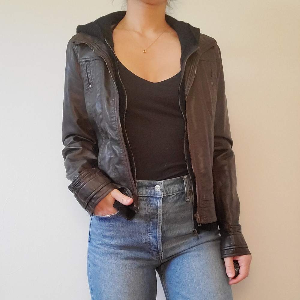 Double layer vegan leather biker jacket with hood